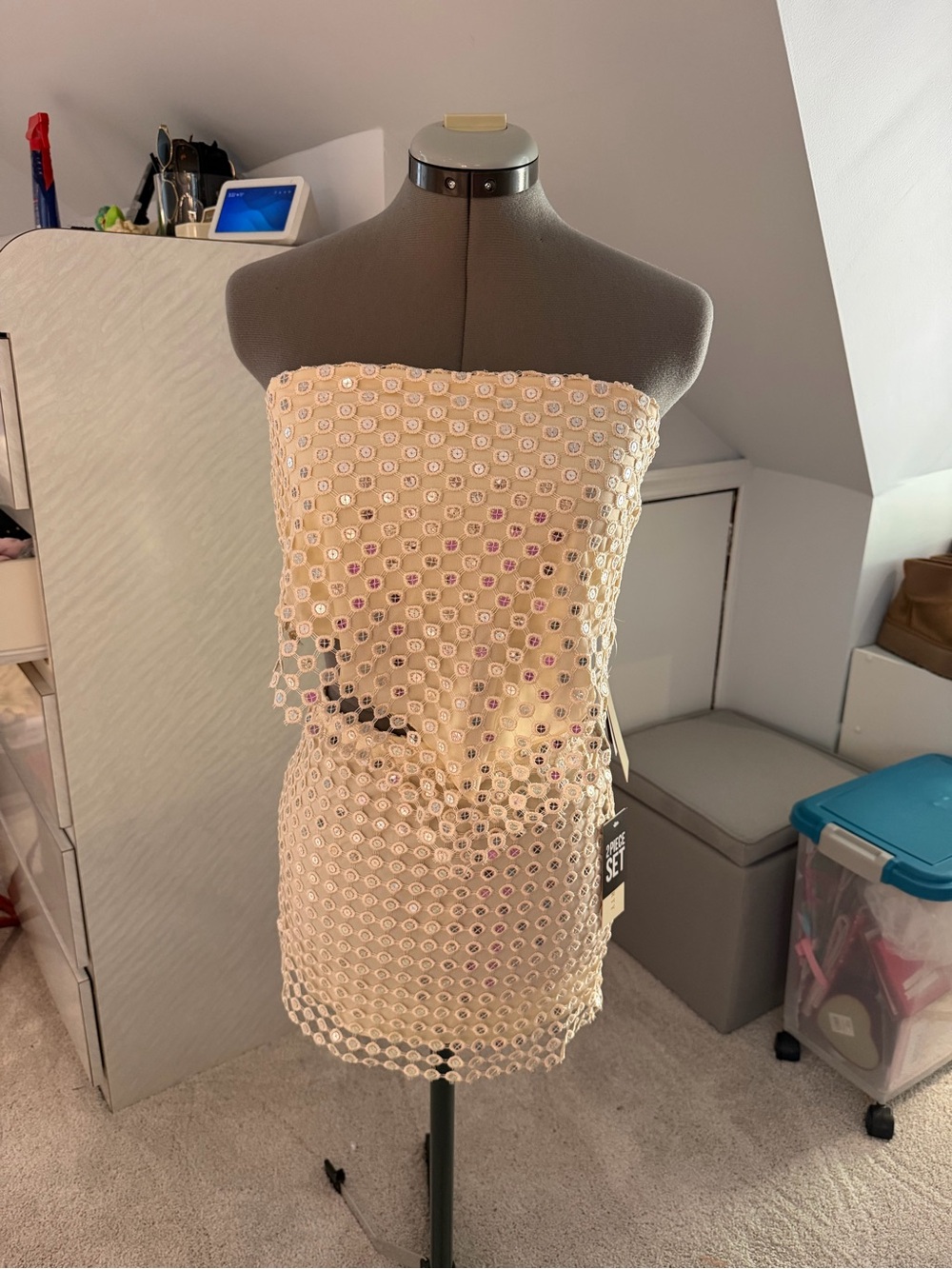 Ty Strapless Sequin Overlay Mini Dress - Cream with Iridescent Accents